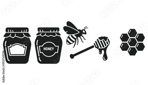 Honey jar bee and honeycomb icon set natural organic product illustration detailed professional vector illustration clean modern line art style suitable for branding packaging web design social media 