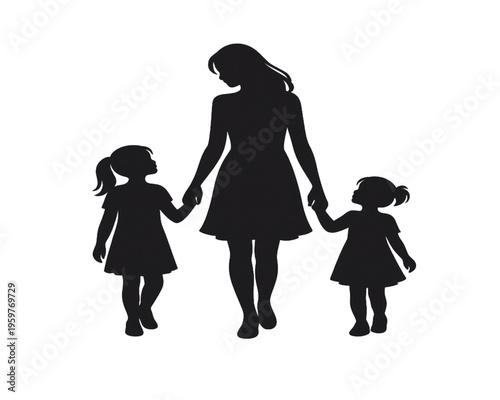 Single Mother Walking with Two Daughters Silhouette
