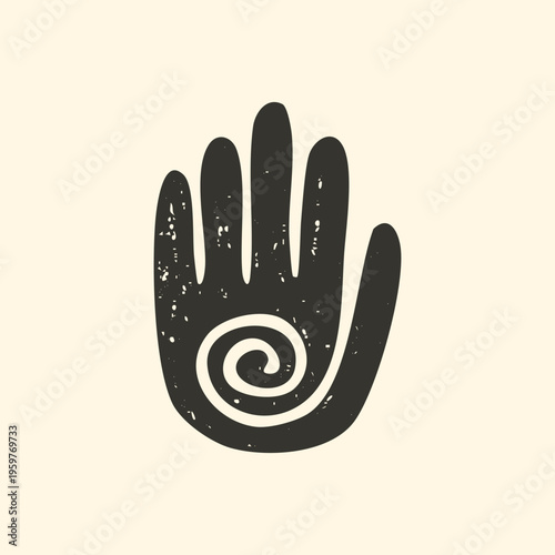 Hand drawn healing hand spiral vector illustration. Black ink energy silhouette stamp with organic woodcut texture and primitive folk art design.