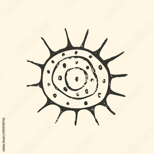 Hand drawn sun eye celestial vector illustration. Minimalist black ink solar stamp with organic woodcut texture and primitive ancient folk art.