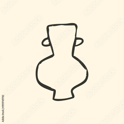 Hand drawn minimalist pottery amphora outline vector illustration. Rustic black ink ceramic vessel with handles block print stamp with organic woodcut texture and primitive folk art design.
