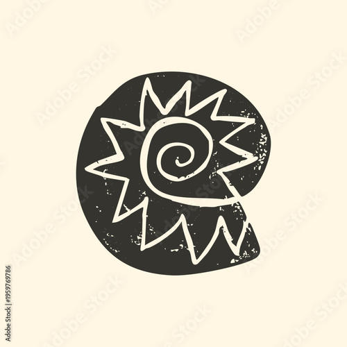 Hand drawn mystical seashell spiral vector illustration. Minimalist black ink shell stamp with organic woodcut texture and primitive folk art.