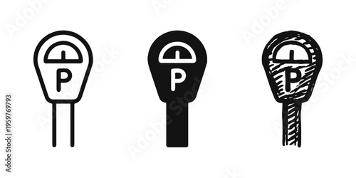 Parking Meter Icons: Urban Street Parking Device Symbols in Outline, Solid, and Doodle Styles