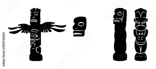 Maori Tiki statue set with solid black silhouette on white background featuring indigenous art, cultural heritage, traditional carving with silhouette and monoline