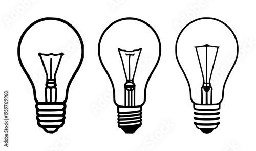 Lightbulb set with continuous one-line drawing on solid white background featuring vector, silhouette, filament with monochrome and modern