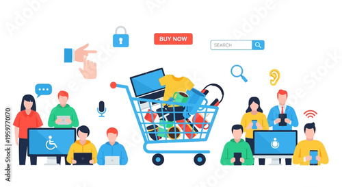 Online Shopping E-commerce Ecosystem: Diverse Users, Secure Payments, Accessibility. Digital Retail, Customer Experience & Modern Consumer Journey Concept.