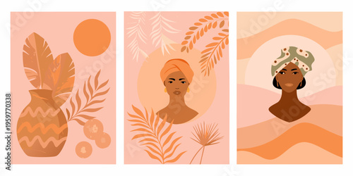 Abstract botanical and portrait illustrations in warm earthy tones
