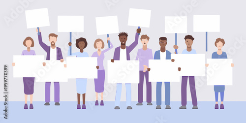 Diverse group of people protesting with blank signs advocating for change