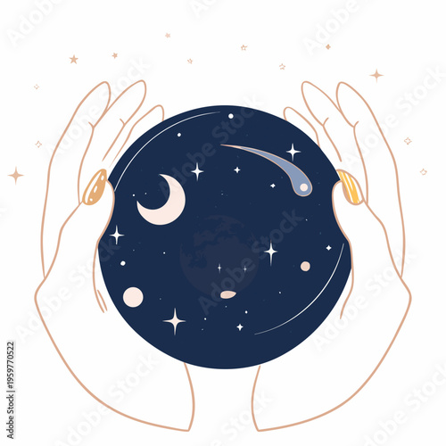 Hands holding a crystal ball revealing a starry night scene