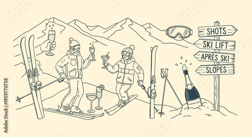 Skiers toasting with champagne on mountain slope with ski signposts