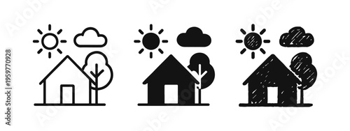 House with tree, sun and cloud icon set for home and nature concepts