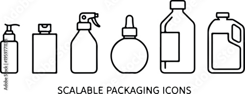 Scalable minimalist outline icon set of cosmetic and industrial packaging bottles including pump spray dropper and jug