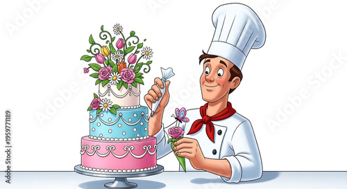 A cheerful cartoon chef decorating a colorful multi-tiered cake with flowers