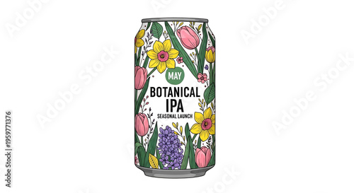 A colorful illustration of a botanical IPA beer can with floral design