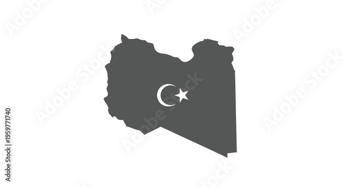 A black silhouette of libya with its national flag symbol superimposed within its borders high quality