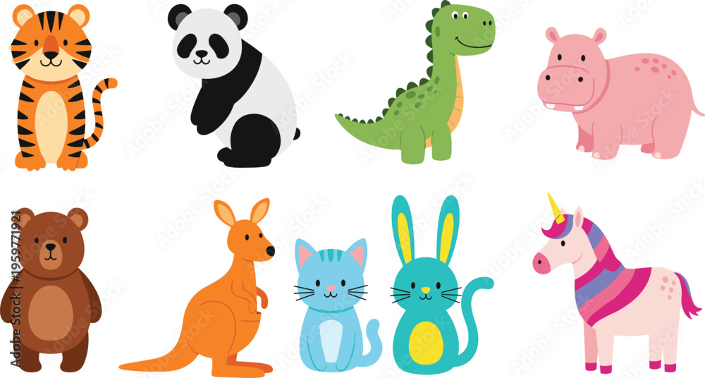 Obraz premium Cute Cartoon Animal Set Featuring Tiger, Panda, Dinosaur, Hippo, Bear, Kangaroo, Cat, Rabbit, and Unicorn for Kids Nursery and Educational Design Projects.