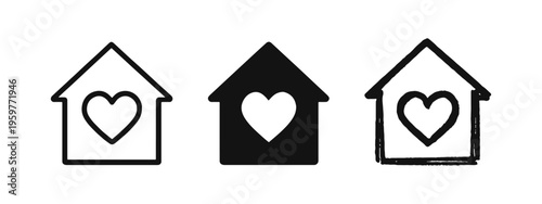 Home with heart inside icon set for love, family, and real estate