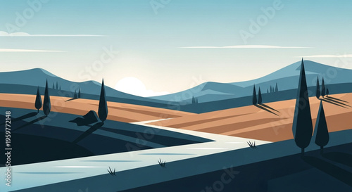 Captivating vector art depicting a peaceful rural landscape at dawn or dusk, featuring gentle rolling hills, a winding river, and elegant cypress trees, symbolizing serene natural beauty