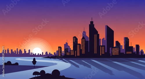 Vibrant cityscape at sunset with a calm river reflecting the city lights and skyline