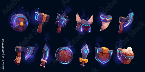 Viking game props icons neon glowing armor, weapon