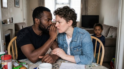 Young couple with nonbinary identity having a serious conversation in a kitchen. Parenting challenges and emotional tension. Concept of communication and relationships.