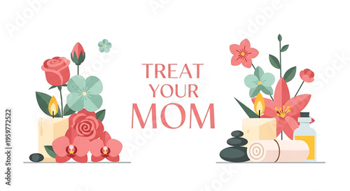 A colorful Mother's Day graphic with flowers, candles, and spa essentials, perfect for advertising promotions and gifts.