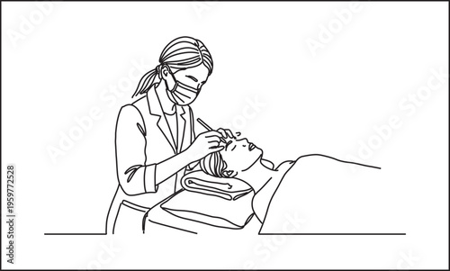 Minimalist line art illustration of professional esthetician in mask performing facial skin care treatment on female client in spa