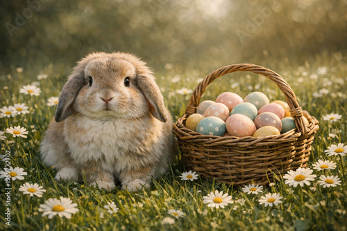 Fluffy Holland Lop Rabbit in Spring Meadow with Easter Basket