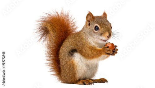 A cute red squirrel standing and holding a single hazelnut, looking at the camera