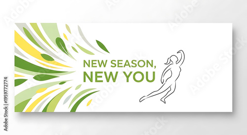 A vibrant vector graphic banner featuring a dynamic design with a person in motion and the motivational phrase 'New Season, New You' for fitness and wellness promotions.