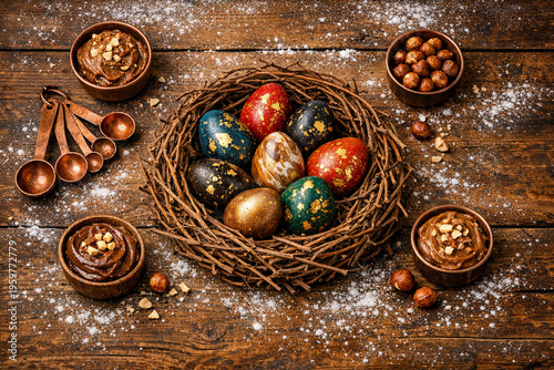 Rustic Chocolate Easter Eggs in a Grapevine Nest on Wooden Baker’s Table