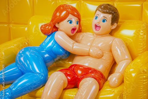 Couple Sexual habits parody: Colorful inflatable dolls with excited expressions resting on bright yellow vinyl surface.