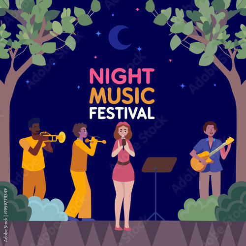 Night music festival with musicians performing under a starry night sky