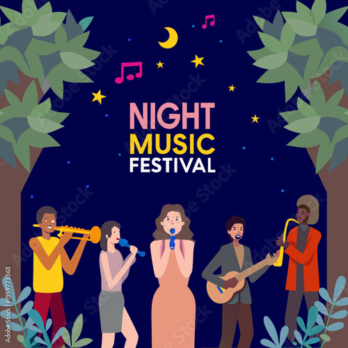 Night music festival featuring musicians performing under a starry sky