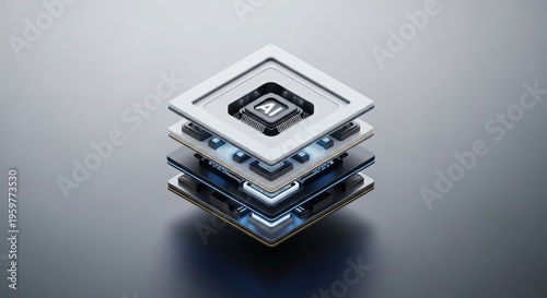 Stacked computer microchips with A I symbol on central processor artificial intelligence technology