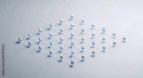 Abstract network of white spheres connected by thin white lines on a light gray background connection