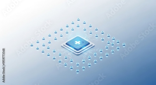 Central glowing blue digital chip with a white cross symbol surrounded by smaller blue nodes on a light blue gradient background