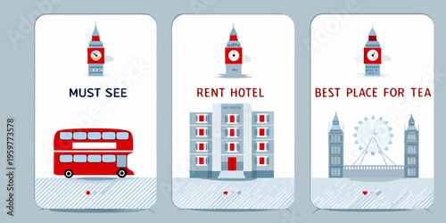 Three illustrated panels showcasing london landmarks and tourism information