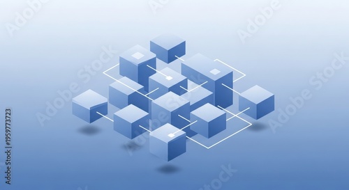 Isometric blue cubes connected by white lines on a gradient blue background abstract boxes