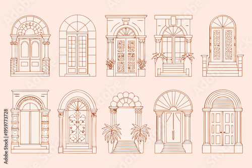 Collection of ornate vintage doorway and archway illustrations on pink background