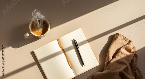 Top-down flat lay of a calm morning setup ceramic coffee cup with steam, open notebook, pen, soft linen cloth, warm natural window light, neutral earthy tones, minimal aesthetic, lots of clean 