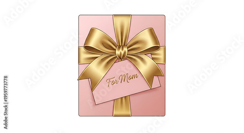 A beautifully designed pink gift box with a golden bow and tag for Mother's Day