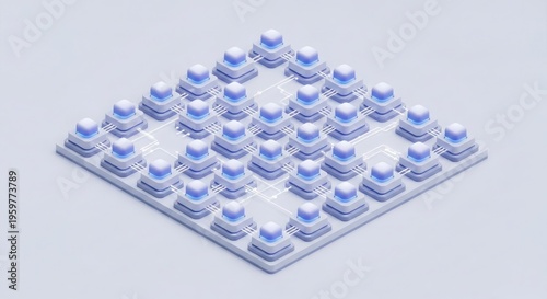 Isometric grid of glowing blue server towers connected by white lines on a light grey background data