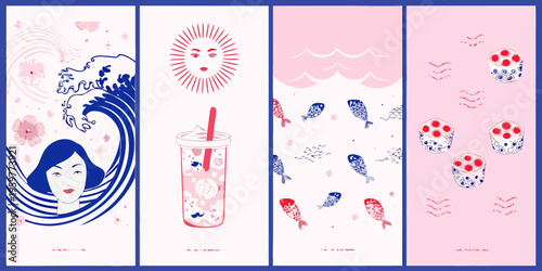 Four vertical panels displaying stylized japanese inspired illustrations in pink and blue