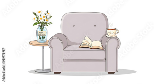 A cozy armchair with a cup of coffee and a book next to a side table with flowers