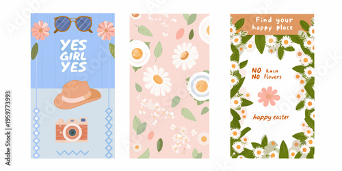 Three colorful vertically oriented graphic designs with floral and textual elements