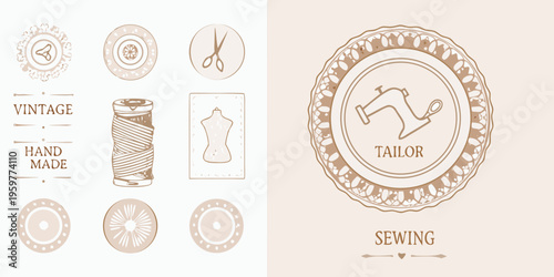 Vintage sewing emblems and illustrations scissors thread mannequin and tailor signs