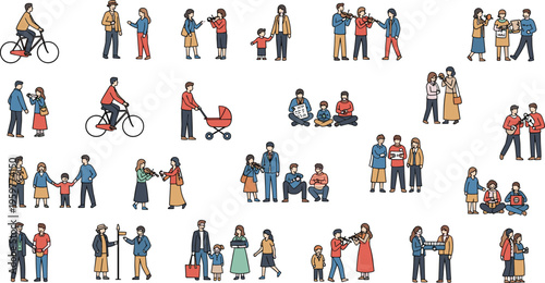 Large Collection of Flat Vector People Characters Engaged in Various Outdoor Activities Like Cycling Walking Music Playing and Family Time