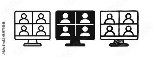 Video Conference Call Icons Set. Online Meeting and Remote Work Symbols in Outline, Solid, and Hand-Drawn Styles.