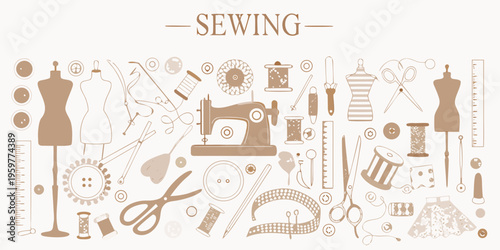 A collection of sewing tools and accessories in a vintage style